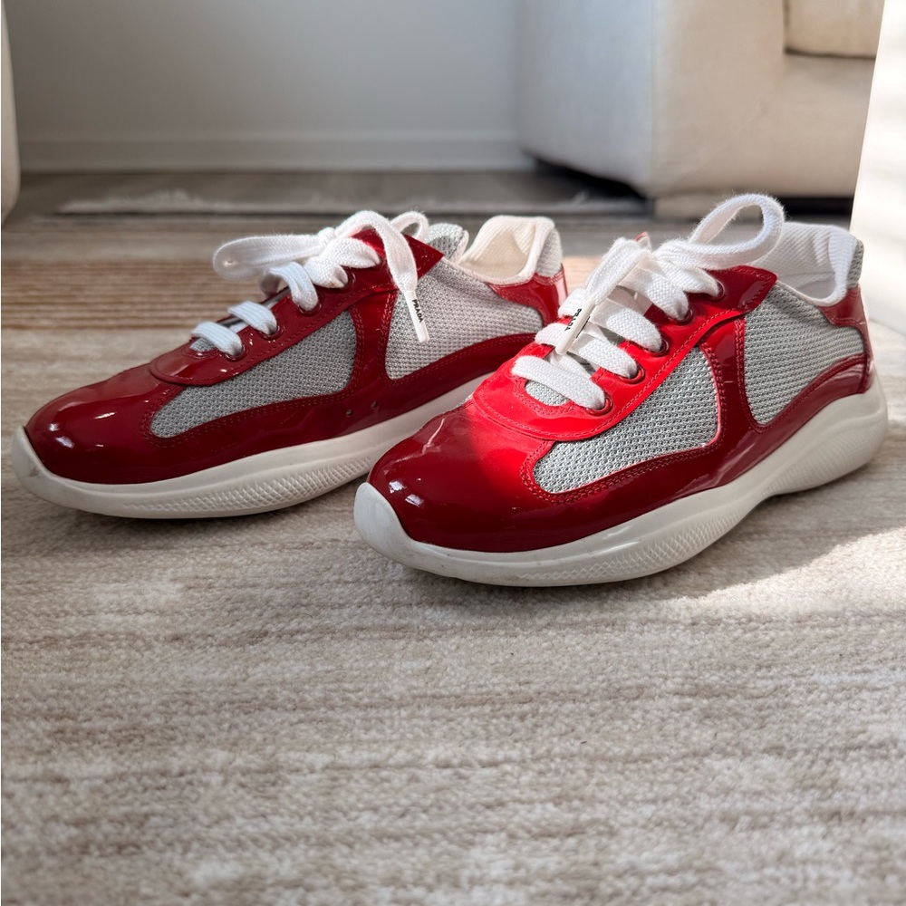 Prada Red Patent & Light Gray American Cup Sneakers